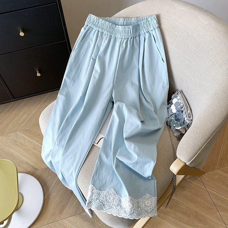 Новая корейская версия весной и летом 2025 года эласткая талия с высокой талией, тонкие повседневные широкие брюки, женские тонкие холодные вертикальные брюки