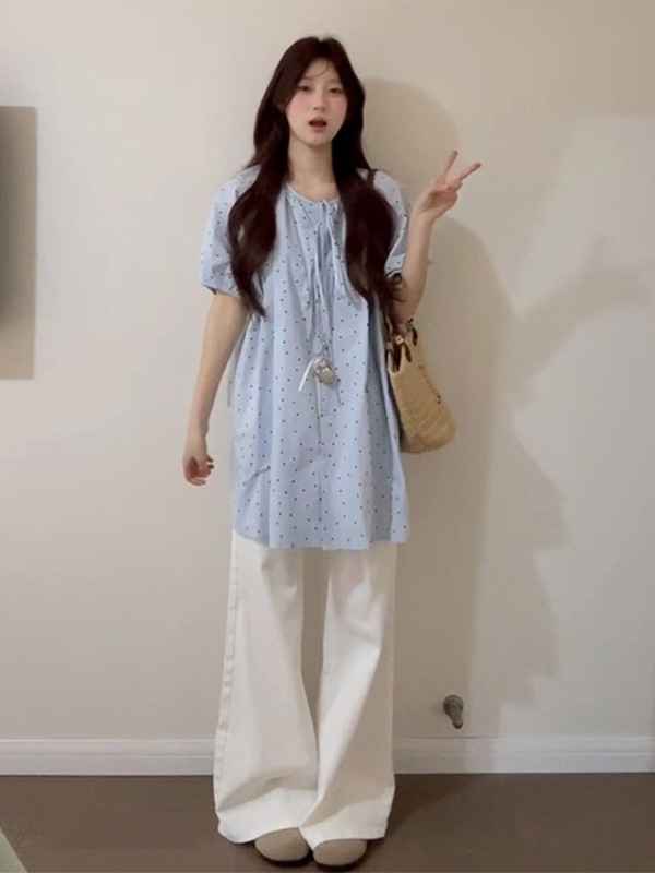 蓝色波点泡泡袖衬衫女夏季2025新款小众设计感宽松慵懒温柔风上衣|undefined