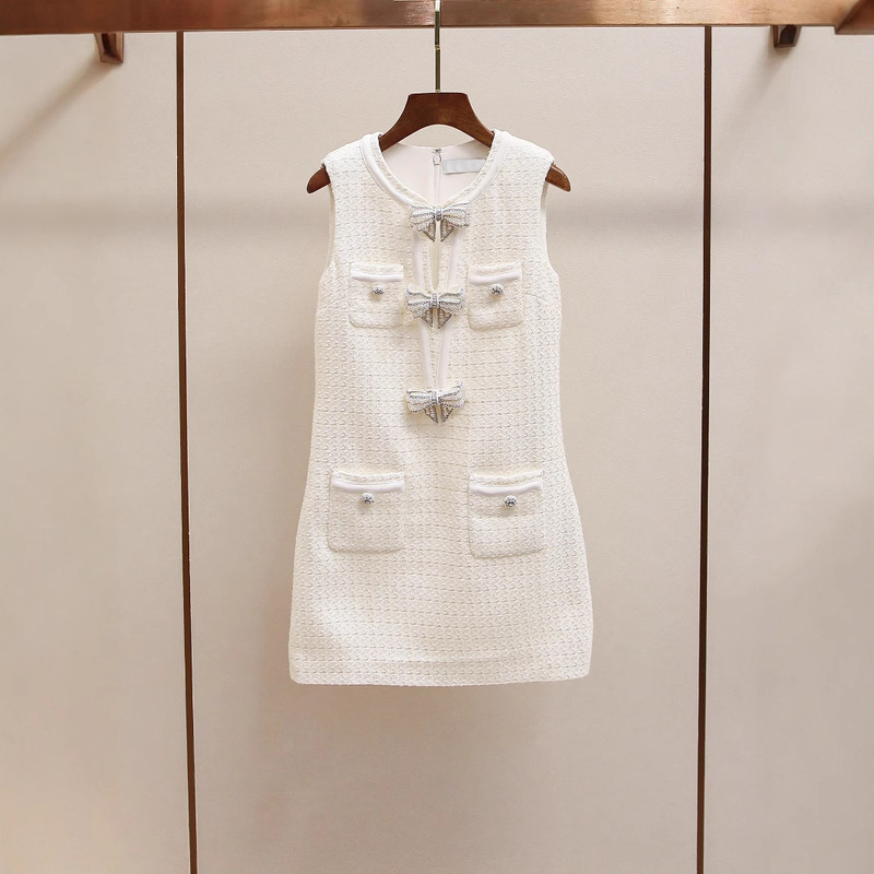 Spring and Summer New French-Style Elegant Ladylike Slim-Fit Tweed Plaid Vest Dress with Beaded Bow