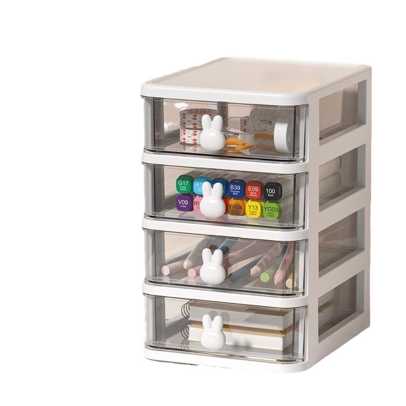 Conejo de dibujos animados caja de almacenamiento de escritorio transparente pequeño cajón caja de papelería escritorio plástico mini dormitorio caja de almacenamiento