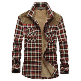 男士长袖衬衫加绒加厚保暖衬衣纯棉工装格子衣外贸跨境保暖冬季潮