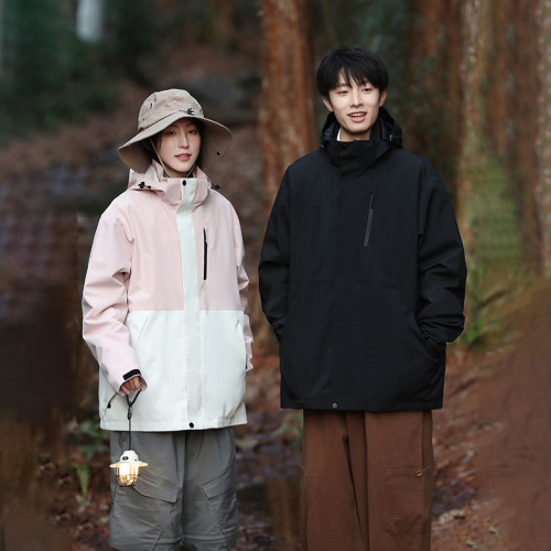 Spring and Autumn Men and Women Loose Fit Plus Size Solid Color Striped Waterproof Couple's Down Jackets with Detachable Hood, Sports and Leisure Outerwear