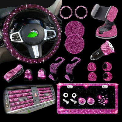 Elastic Handle Cover, Diamond-Encrusted, Us Standard | Steering wheel cover - rose-red-38cm