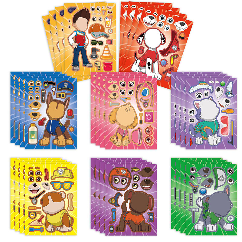 8 pegatinas de Paw Patrol, collage, cara intercambiable, DIY, decorativa, para niños