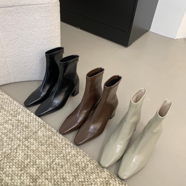 Gray Green Thick Heel Soft Leather Slim Boots, Feminine Short Boots, Beautiful High Heels, 2025 Autumn and Winter Velvet Boots