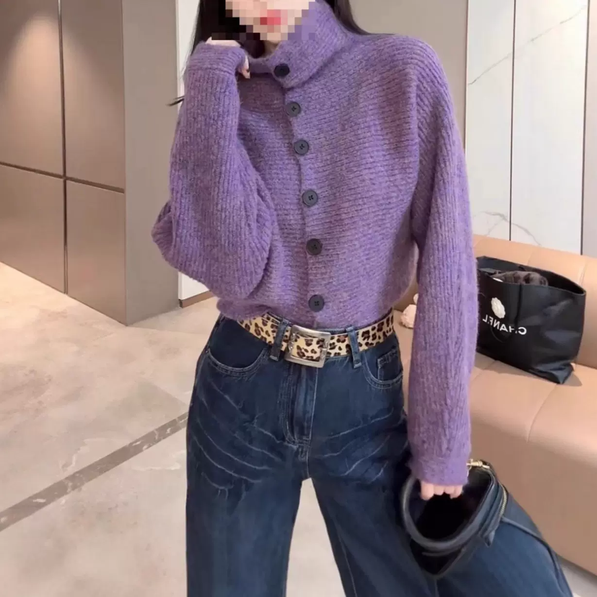 慵懒风高领蝙蝠袖宽松短款针织开衫女秋冬新款高腰小个子毛衣外套