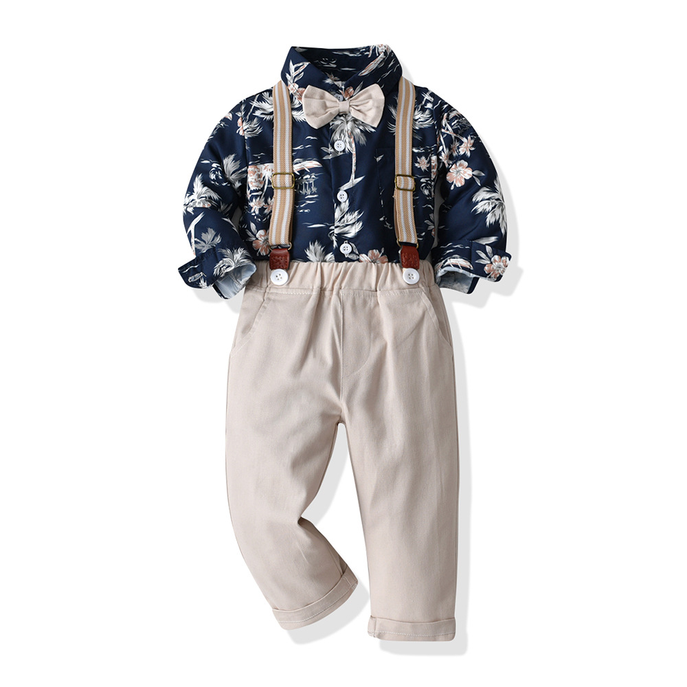 Europa y los Estados Unidos corbata de niños manga larga una sola fila de botón camisa de algodón pantalones de dos piezas set de ropa de caballero bebé niño