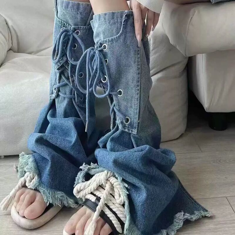 Millennial Hot Girl Gradient Color Denim Leg Warmers Slimming and Height-Enhancing Design with Straps and Tassels Mid-Calf Boots and Socks Versatile