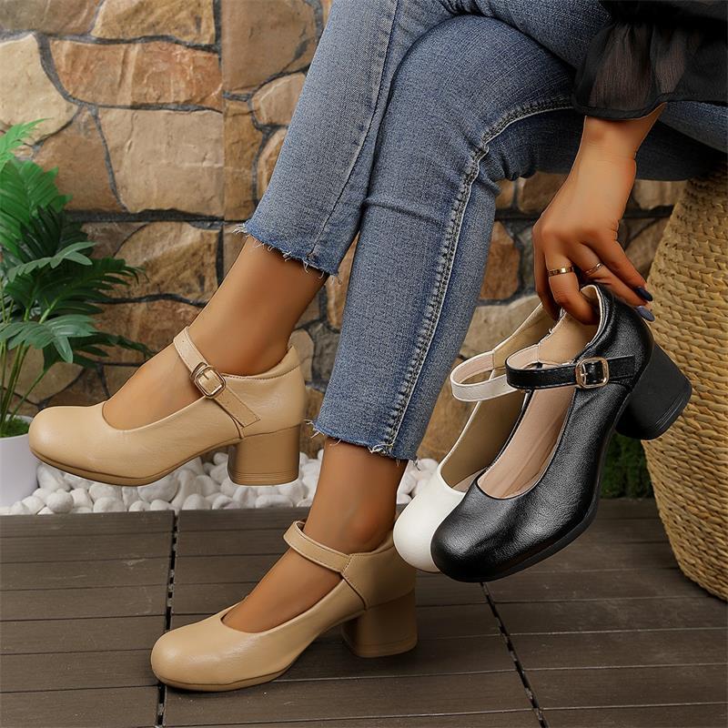 2026 estilo de verano minimalista estilo de palabra hebilla Maxin Lizhen zapatos retro cabeza redonda de mujer un solo talón grueso y poco profundo zapatos