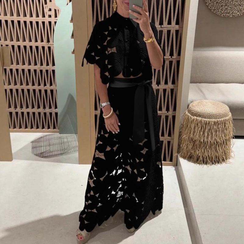 2025 Summer New Amazon Cross-Border European and American Solid Color Sexy Hollow Cardigan Top Wide-Leg Pants Two-Piece Set for Women