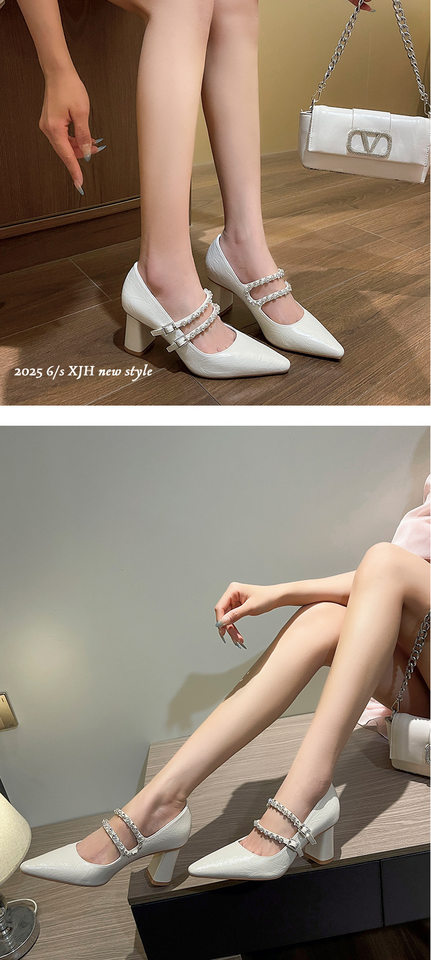 Giày cao gót nữ mũi nhọn gót 6–8 cm khóa đôi da mềm — Màu bạc, Màu trắng be chi tiết 9