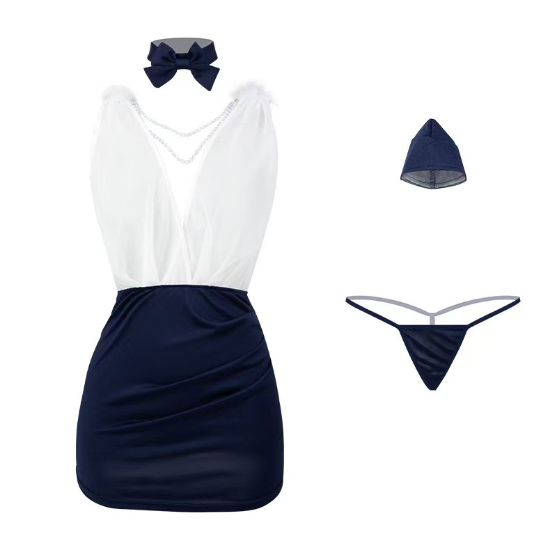 Stewardess Role-Play Lingerie Set with Deep V See-Through Top and Hip Skirt — detail image 5