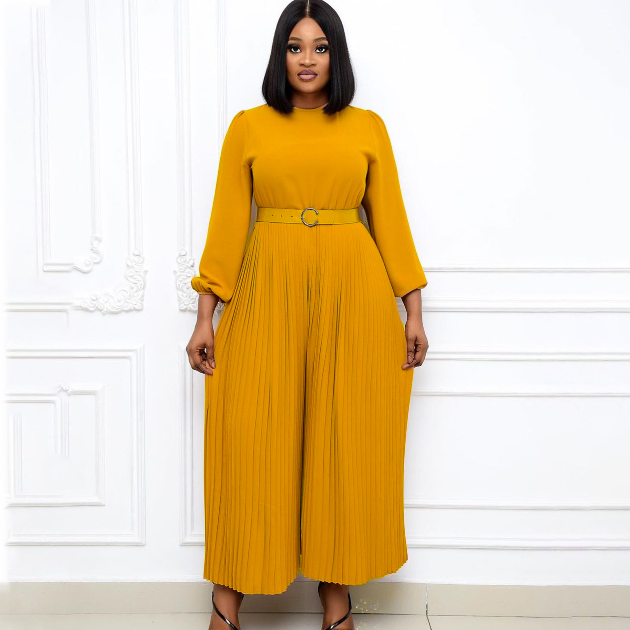 Women's Clothing summer new solid color long sleeve pleated large size women's loose slim African jumpsuit_voghion.com
