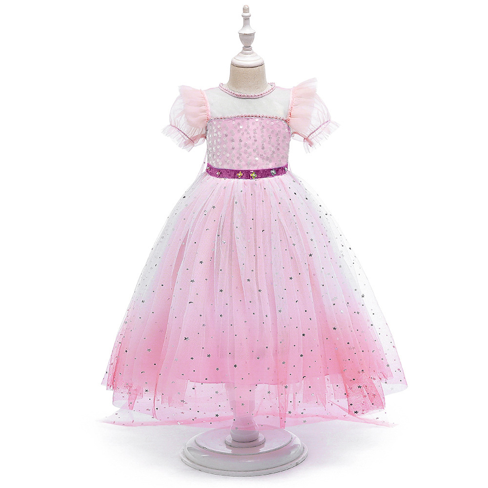 2024 New Aisha princess dress Frozen 2 sequined puff sleeve lace dress mesh stitching pettiskirt