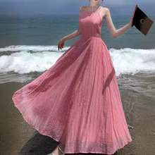 海边度假风连衣裙女夏季设计感露背绑带a字长裙法式气质吊带