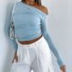 European and American cross-border women's clothing autumn ins new solid color shoulder long sleeve pleated navel top T-shirt for women
