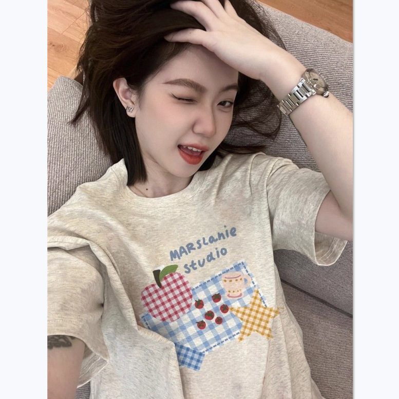 Korean-Style Retro Straight-Shoulder Pure Cotton Short-Sleeve T-Shirt for Women, Summer Loose and Casual Niche Design Round-Neck Half-Sleeve Top