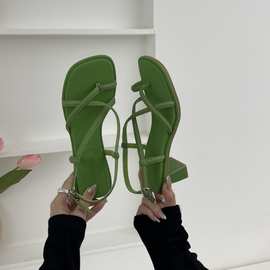 2024年春秋季新款细带凉鞋女法式绿色机仙女风高级感时装凉鞋潮