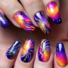 按压式美甲 中长款欧方形美甲 新年春夏时尚美甲 多彩晕染条纹