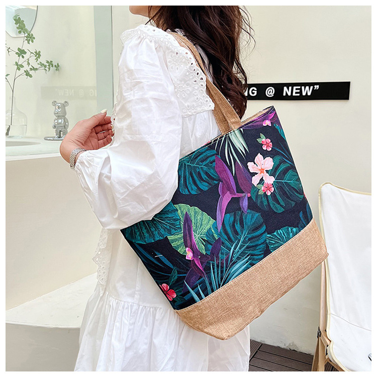 172g Weight Open Closure Type Double Shoulder Straps Strap Type Shoulder Bag Bags Type Travel, Street Occasion Canvas Material Tropical Pattern All Seasons Season Women's Gender Vacation Style Large Size Women's Large Canvas Tropical Vacation Open Shoulder Bag 11