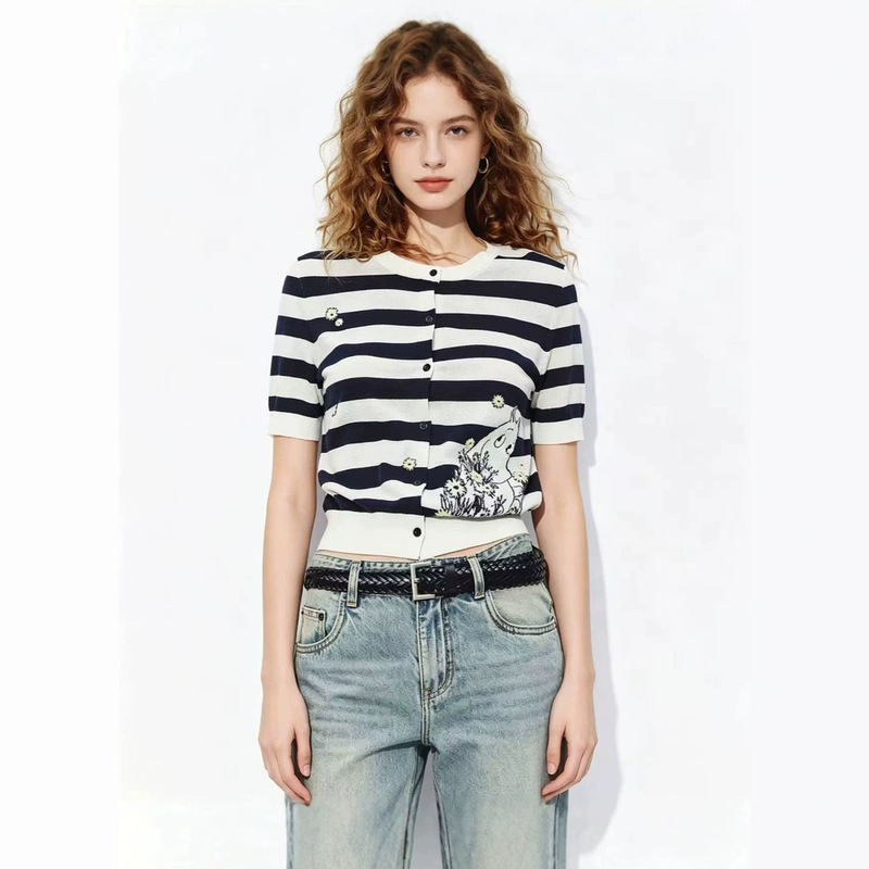 Mo** Mall Same Style 2026 Summer New Fashion Retro Striped Color-Blocking Cartoon Print Short-Sleeve Knit Cardigan Mo** Mall Same Style 2026 Summer New Fashion Retro Striped Color-Blocking Cartoon Print Short-Sleeve Knit Cardigan