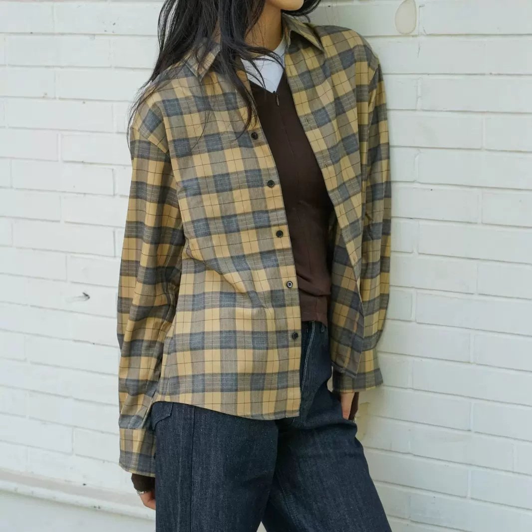 新款复古格纹宽松落肩格纹长袖衬衫黄色调翻领格子休闲衬衫女4415