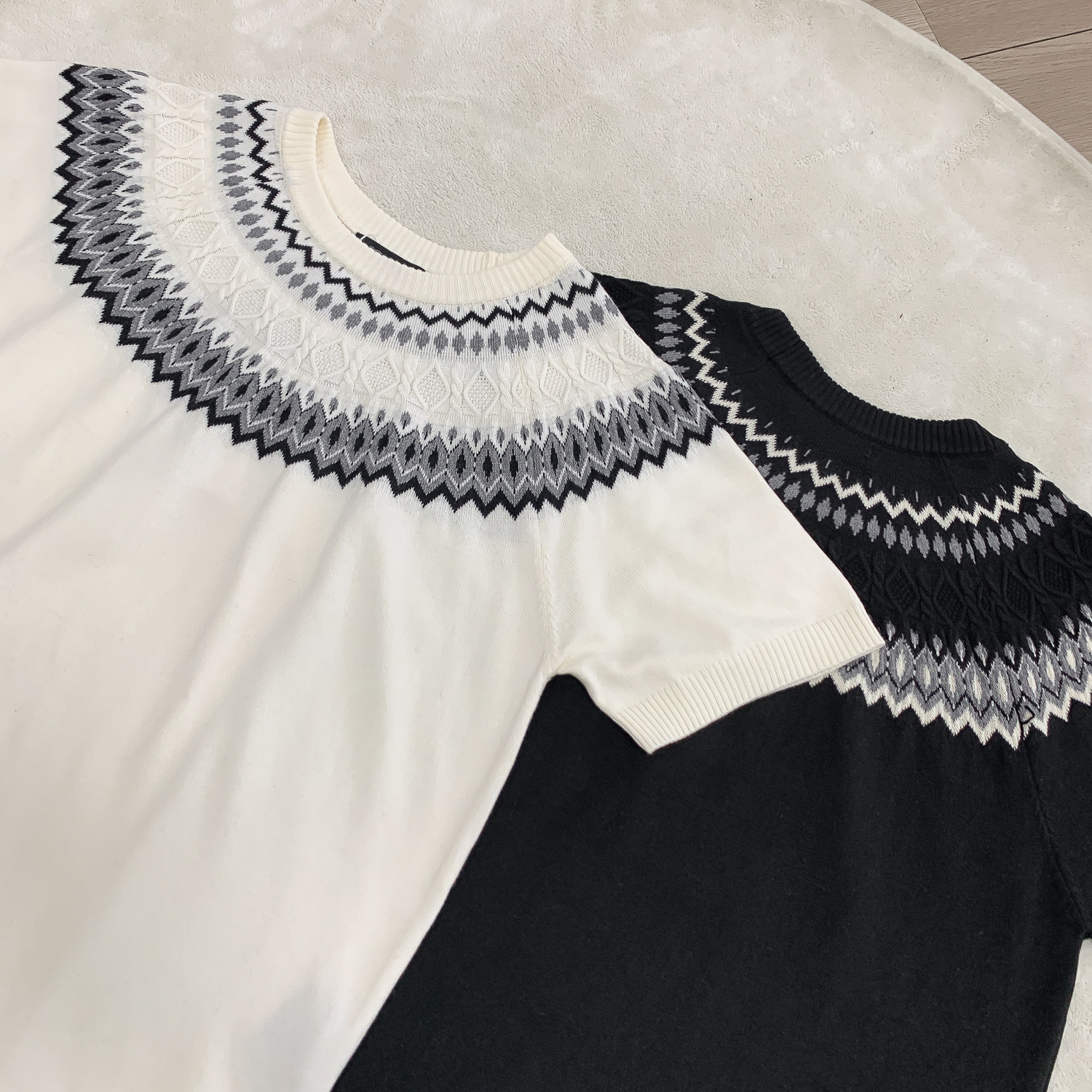 Isla de Fair camiseta de punto de manga corta camiseta de cuello redondo jacquard hombre viejo estilo casual hielo de verano fábrica transfronteriza mayorista