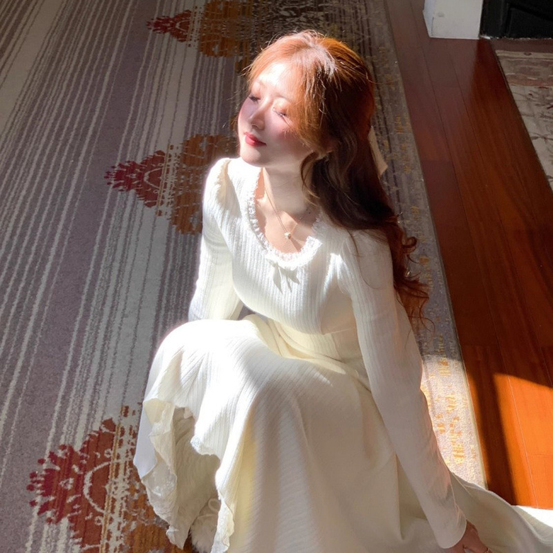 超仙法式长袖连衣裙女早秋简约小众内搭白色长裙新款2025跨境批发|undefined