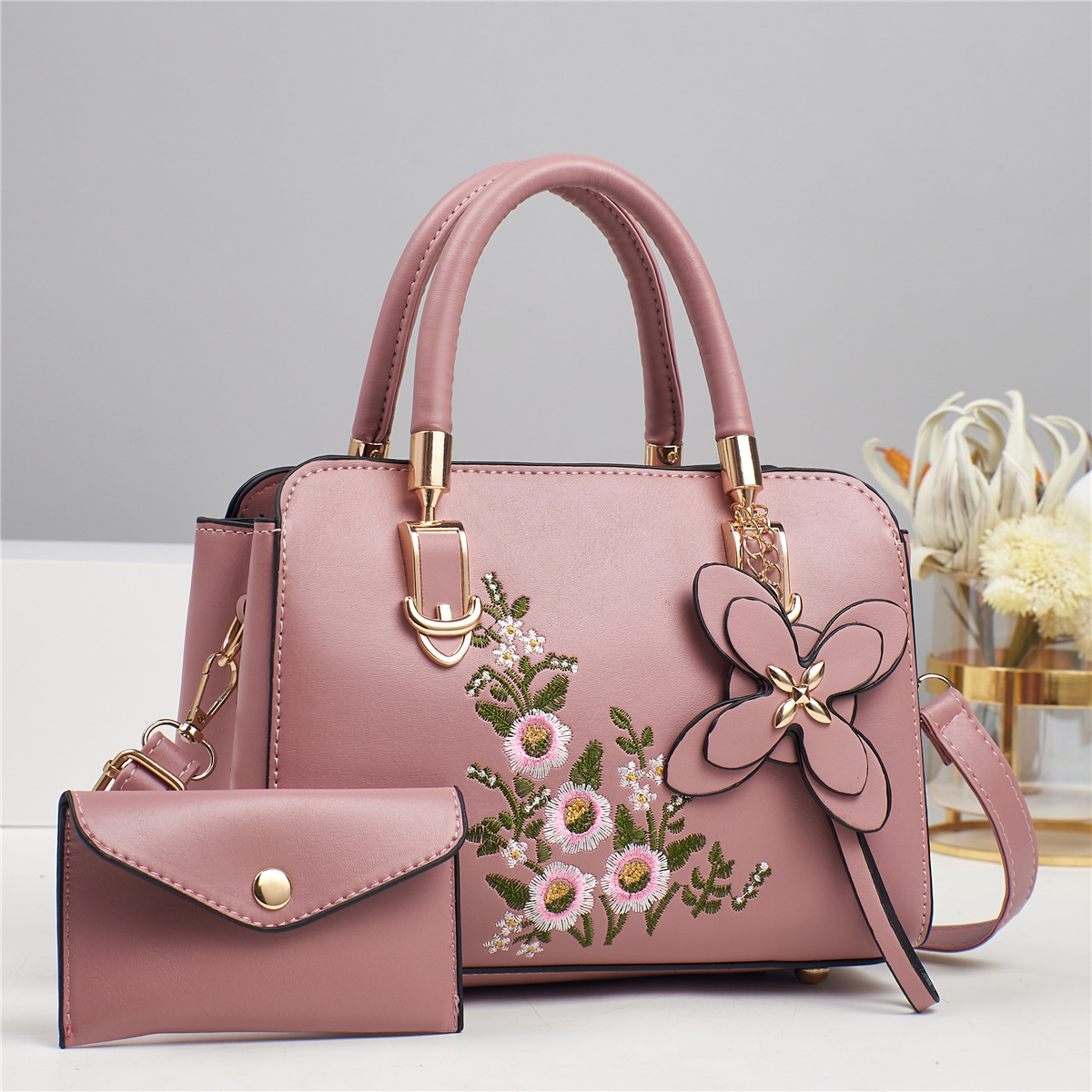 Flower Pattern Women's Medium Pu Leather Flower Elegant Sewing Thread Square Zipper Bag Sets