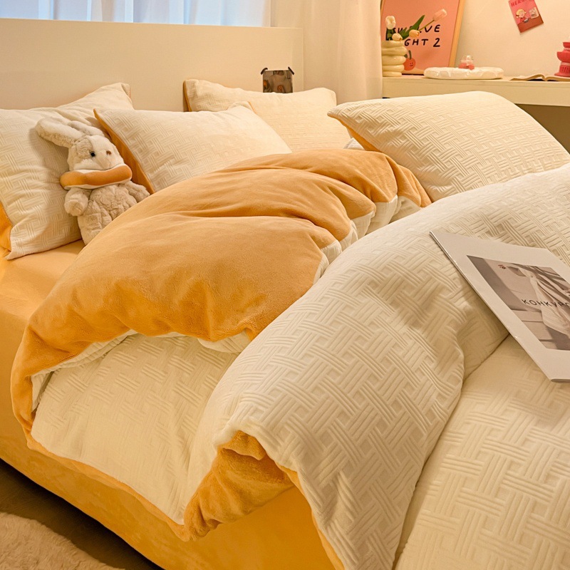 厚いワッフルミルクの毛の4つのセットの3dの立体の彫刻の冬の宝の宝の毛の3つのセットのシーツのベッドの笠の金