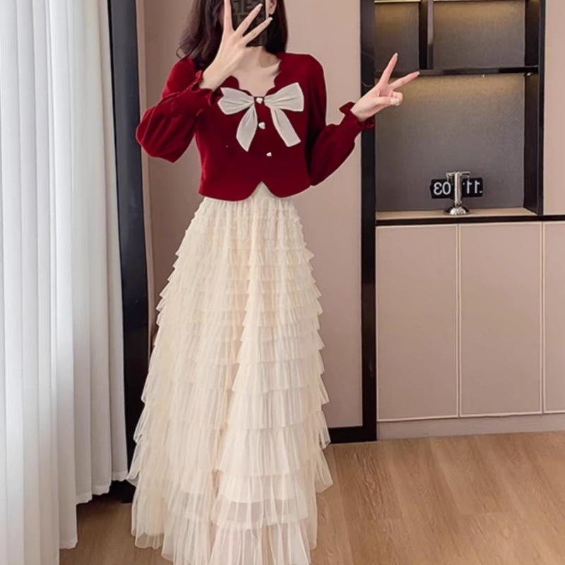 秋套装女小个子穿搭一整套小香风上衣服层层网纱蛋糕半身裙两件套|undefined