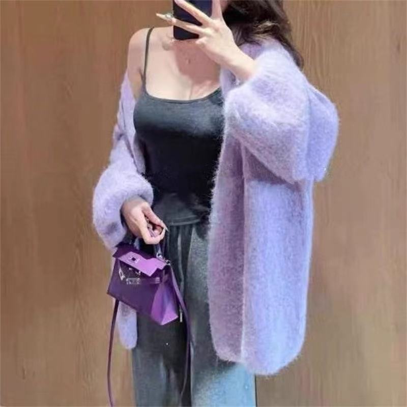 外贸新品简约大灯笼袖宽松慵懒风针织外套女长驼毛针织厚上衣外套|undefined