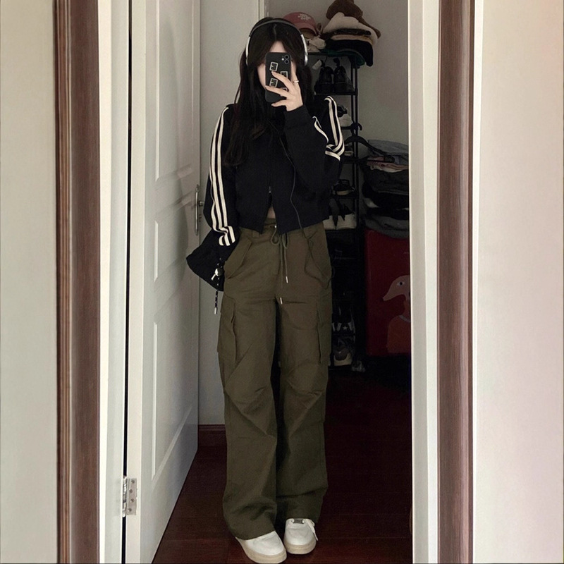 美式复古条纹短款运动卫衣女秋季修身立领长袖防晒外套黑色上衣潮|undefined