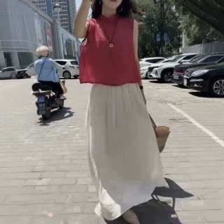 26362新大爱美依缘2026夏季新款法式简约无袖上衣a字半身裙显瘦女