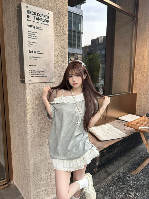 2025新款灰色花边斜肩短袖t恤女夏季设计感显瘦气质一字肩上衣潮|undefined