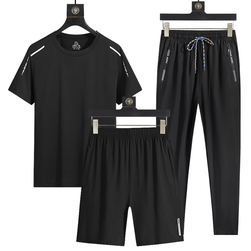 Verano de seda de hielo al aire libre de los hombres de deportes casuales sueltos de tres piezas transpirable de secado rápido cuello redondo Camiseta pantalones traje de los hombres