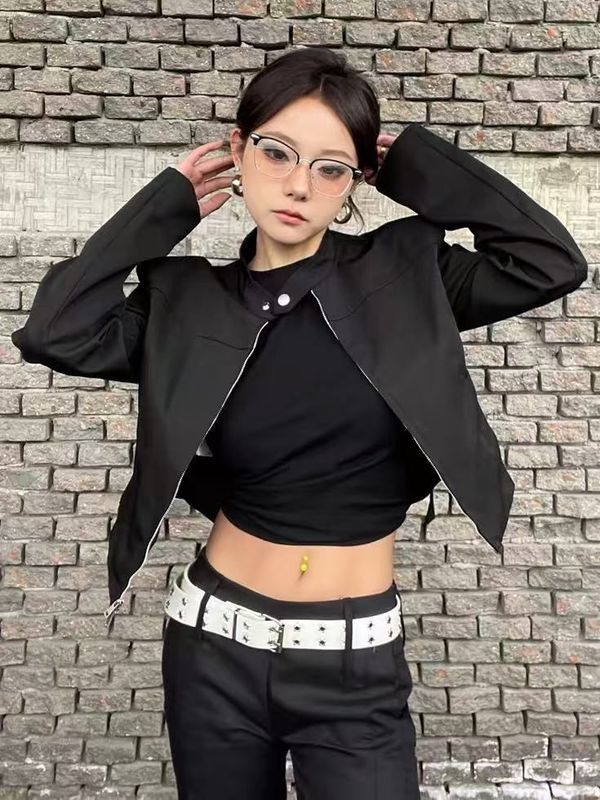 美式复古黑色立领外套女秋季Cleanfit短款拉链气质高级感机车夹克|undefined