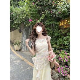 夏季纯欲甜美斜肩碎花不规则飘带短袖恤收腰显瘦上衣