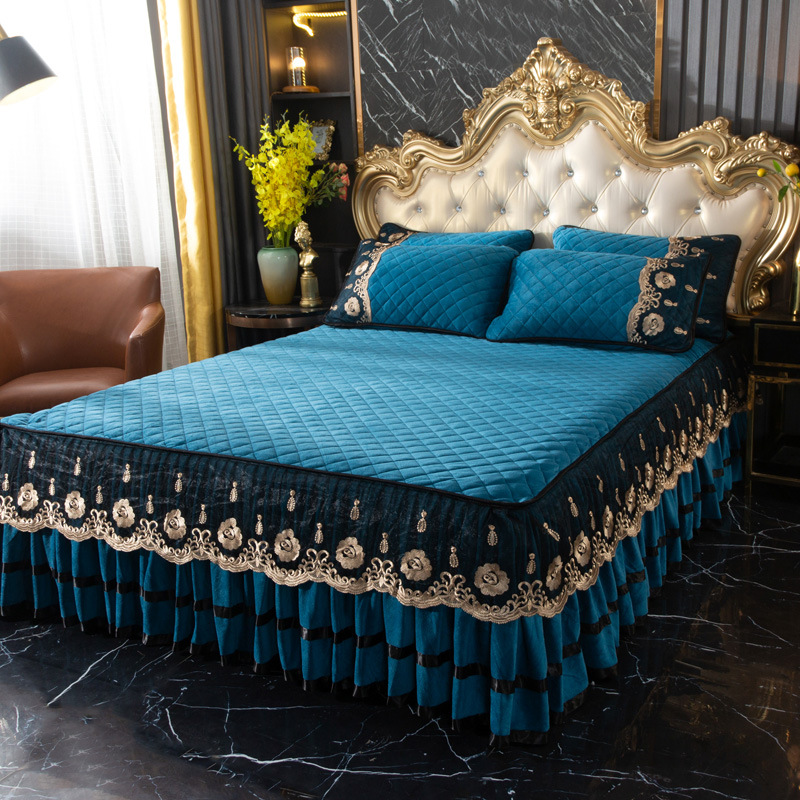 Cross-border Foreign Trade Crystal Velvet Cotton Bed Skirt Single Piece Winter Lace Bedspread Bed Cover Thickened Warm Solid Color Mattress Cover