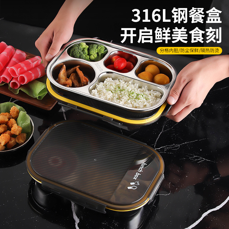 316ステンレス製の弁当箱のサラリーマンは食事を持っています。|undefined