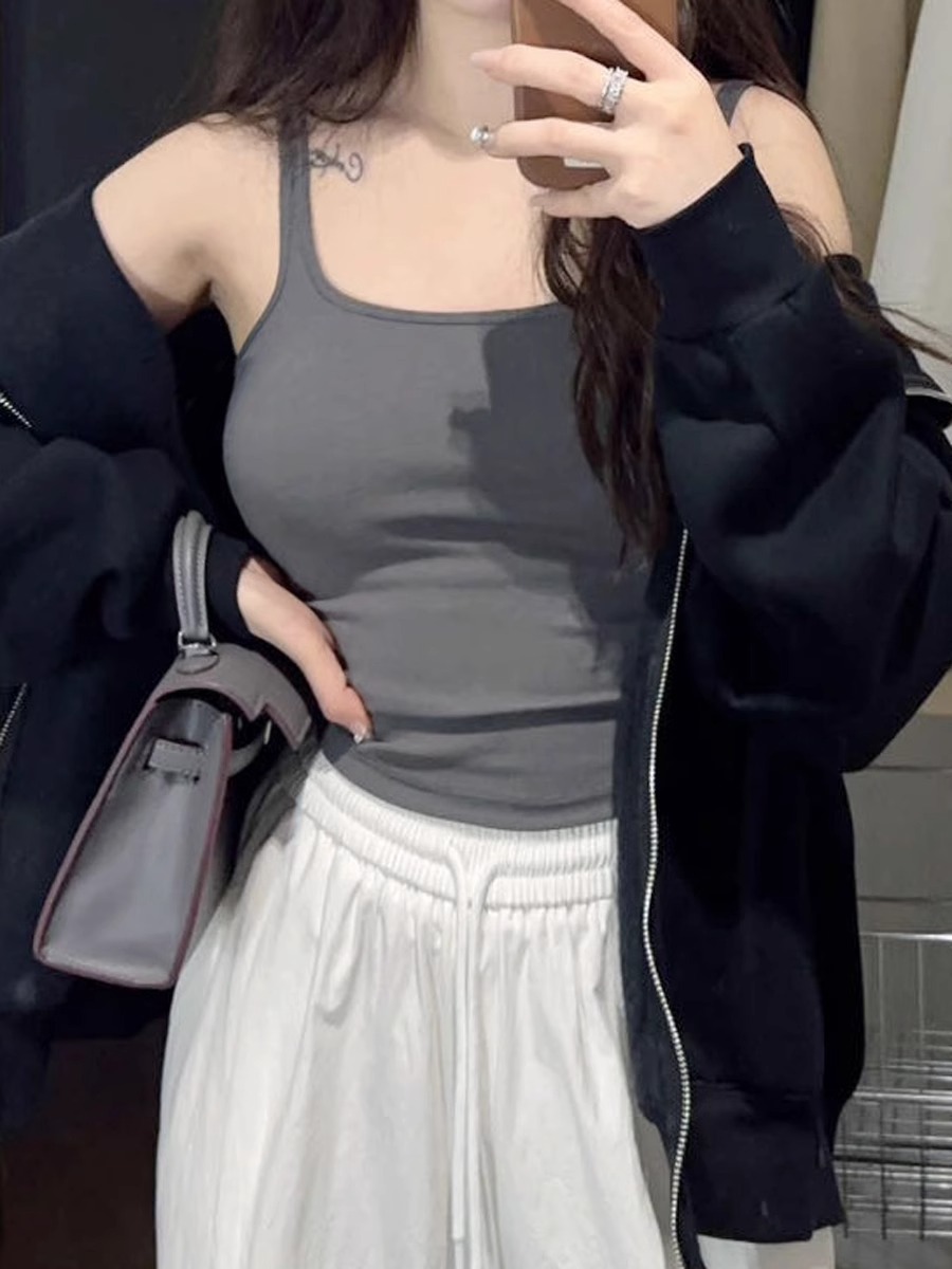 螺纹小方领显胸显腰细自带胸垫吊带背心女内搭bra防走光内衣打底