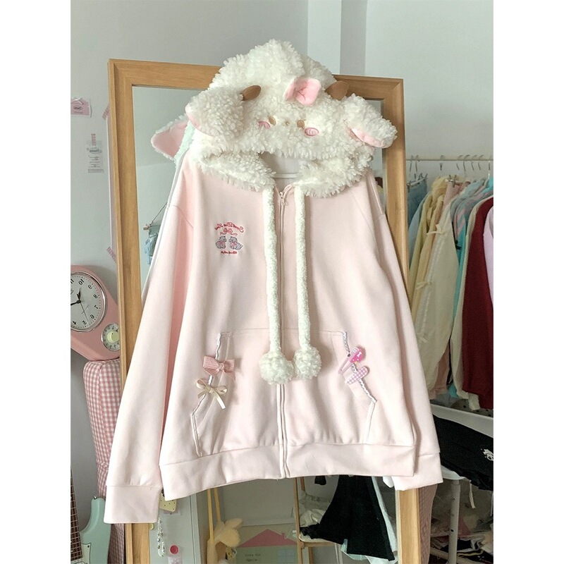 [Pure Cotton Chinese Cotton Composite Milk Silk with Four Accessories] Cute Lamb Hair Tender Pink Hooded Sweatshirt