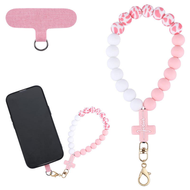 Women's Phone Lanyard 15mm Silicone Bead String Elastic Cord Faith Phone Chain Silicone Bead Cross Phone Chain
