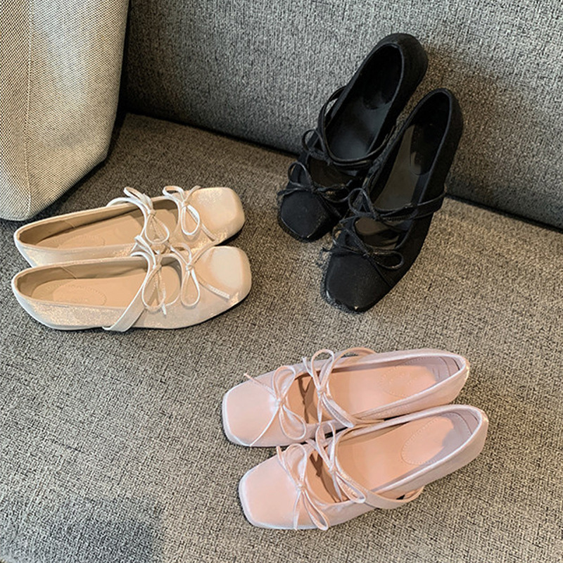 French-Style 4cm Hidden Heel Shallow Ballet-Style Shoes with Bowknot, Square Toe Versatile Mary Jane Shoes for Women, Spring and Summer