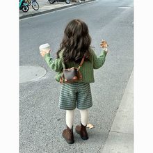 韩国童装2025秋冬新款绿色翻领针织衫毛衣女宝宝千鸟格中裤套装