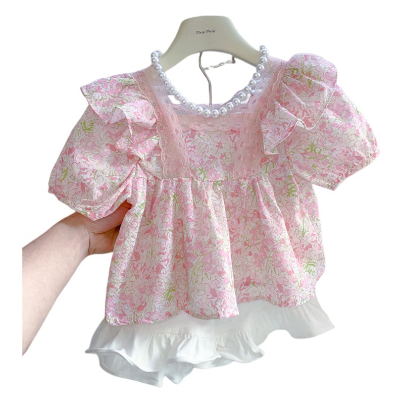 Salty Lime seven 2023 Camisa de manga corta de estilo coreano para niños de verano niñas temperamento de bebé dulce camisa de borde de encaje Rosa moda