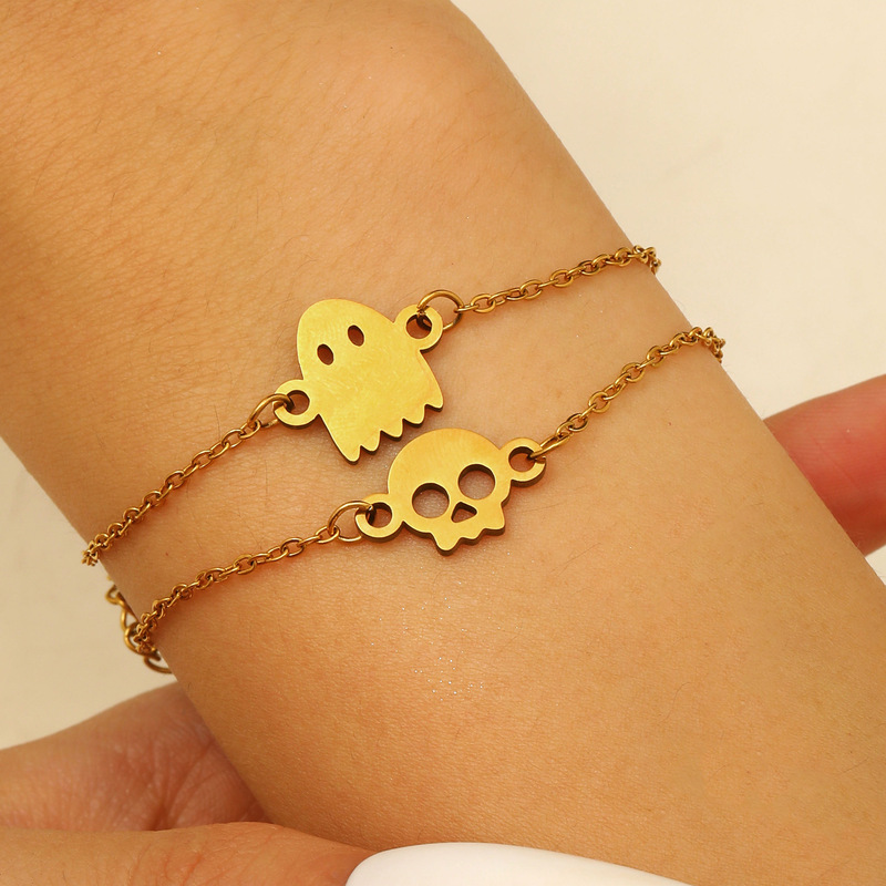 Halloween Accessories Ghost Skull Couple Bracelet Stainless Steel Gold-Plated Simple Thin Chain Best Friend Set Hand Jewelry Halloween Accessories Ghost Skull Couple Bracelet Stainless Steel Gold-Plated Simple Thin Chain Best Friend Set Hand Jewelry