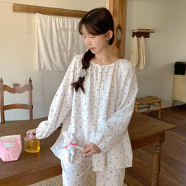 韩国ins女士秋季新韩系双层加厚棉纱粉樱朵朵圆领家居服睡衣套装
