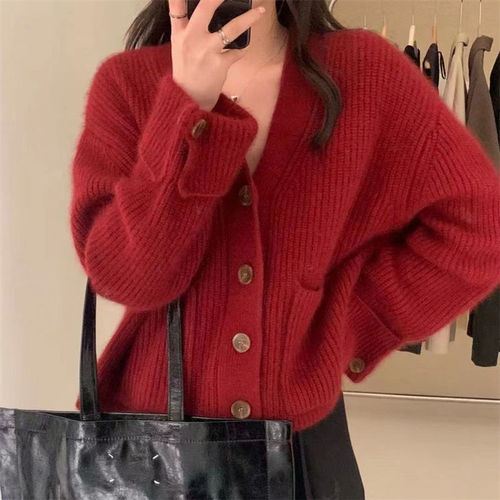 Korean style V-neck soft waxy sweater for women in autumn and winter new style single-breasted loose and versatile lazy style knitted cardigan jacket trendy