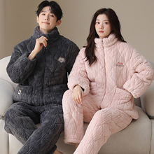 三层加厚珊瑚绒夹棉睡衣情侣秋冬季拉链家居服男女学生法兰绒套装